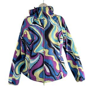 Athleta Womens Sz S Purple Blue Yellow Swirl Zip Hooded Fleece Lined Jacket